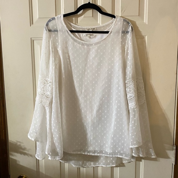 Truly 4 You White Sheer Lace Swiss Dot Sleeve Blouse Bell Sleeve Lace Medium - Picture 2 of 6